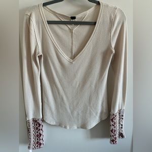 COPY - Free people, long, sleeve waffle V-neck, pale pink color, plaid detailed…